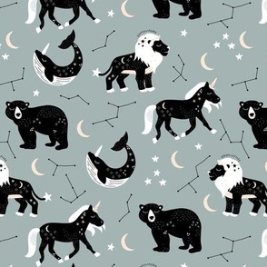 Little kawaii sleepy zodiac signs midnight moon and stars horse whale bear and lion constellation universe design pastel eucalyptus green