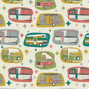 Kitschy Vintage Campers, Cream Background, Smaller Scale