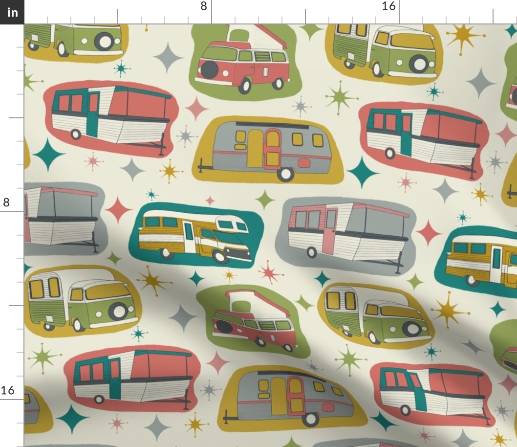 Kitschy Vintage Campers, Cream Background, Smaller Scale