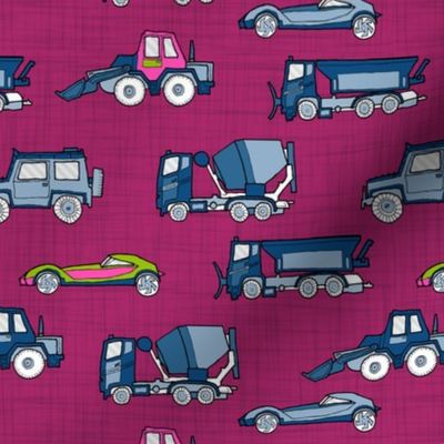 illustrated vehicles - purple linen texture