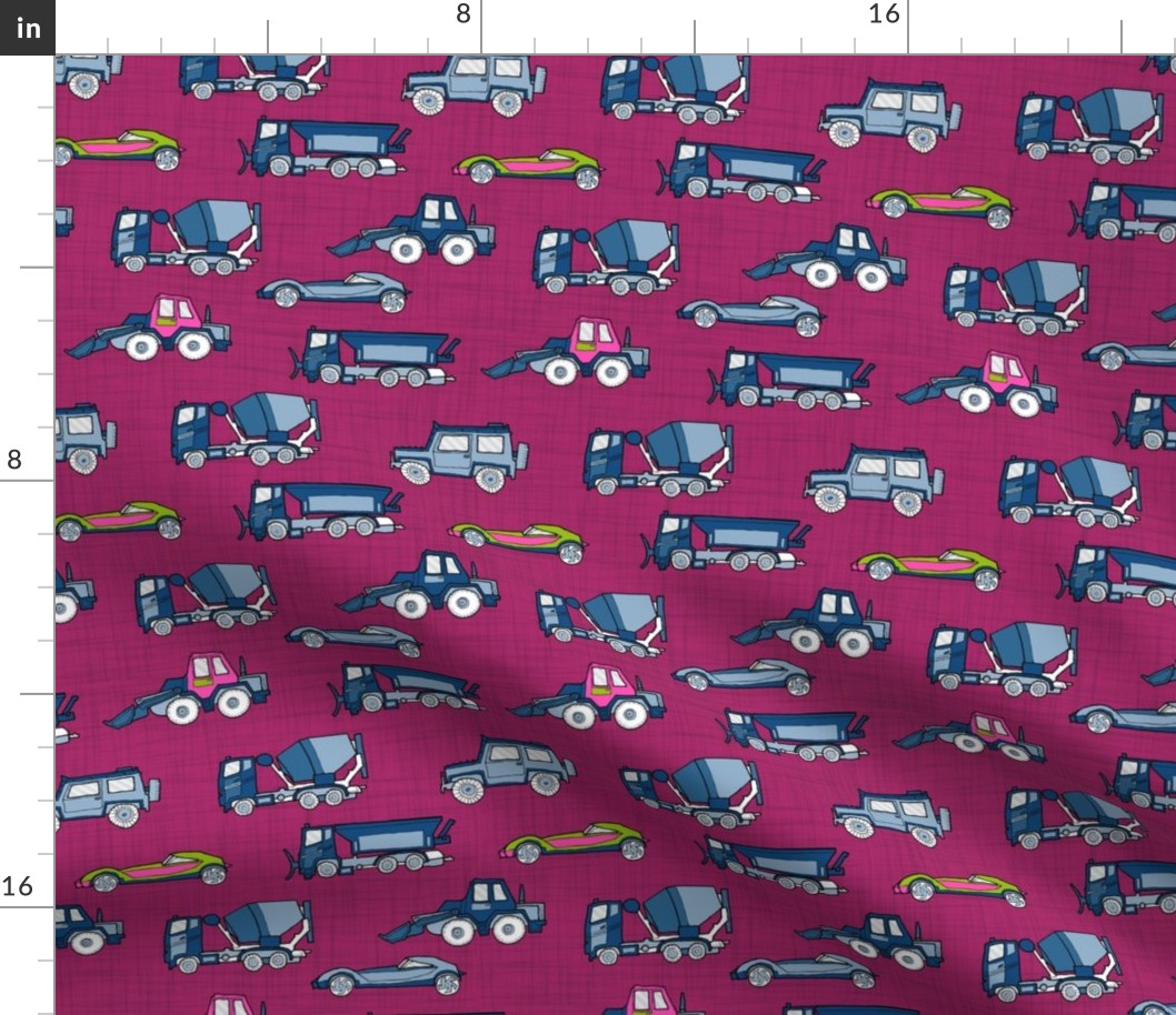 illustrated vehicles - purple linen texture