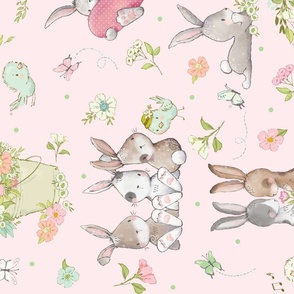 XL Some Bunny Loves You (shell pink) Cute Bunnies, Butterflies and Flowers, 24 inch repeat rotated