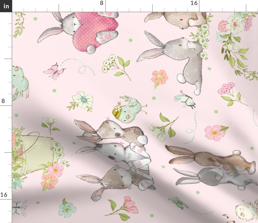 XL Some Bunny Loves You (shell pink) Cute Bunnies, Butterflies and Flowers, 24 inch repeat rotated