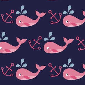 Pink Whales with Anchors and Navy Background