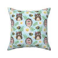 Spring Owl Hedgehog Bee Daisy Pattern - small print