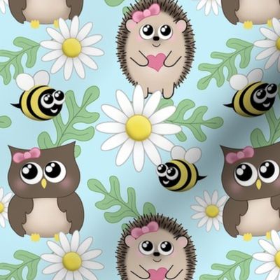 Spring Owl Hedgehog Bee Daisy Pattern - small print