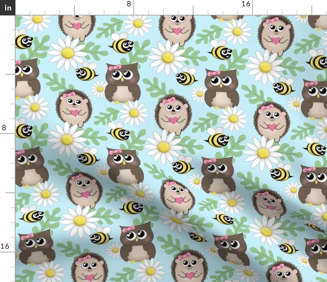 Spring Owl Hedgehog Bee Daisy Pattern - small print