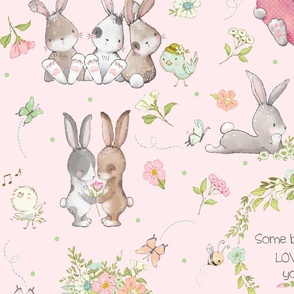XL Some Bunny Loves You (shell pink) Cute Bunnies, Butterflies and Flowers, 24 inch repeat