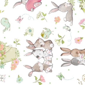 XL Some Bunny Loves You- Cute Bunnies, Butterflies and Flowers, 24 inch repeat rotated