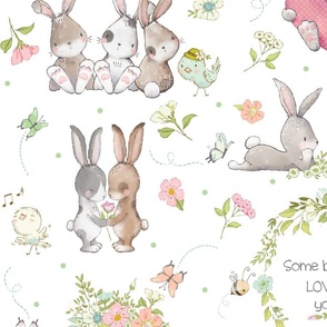 XL Some Bunny Loves You- Cute Bunnies, Butterflies and Flowers, 24 inch repeat