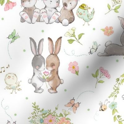 12" Some Bunny Loves You- Cute Bunnies, Butterflies and Flowers, 12 inch repeat