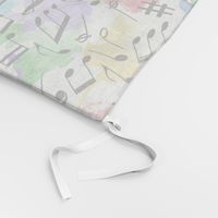 Scattered musical notes on rainbow watercolor splashes