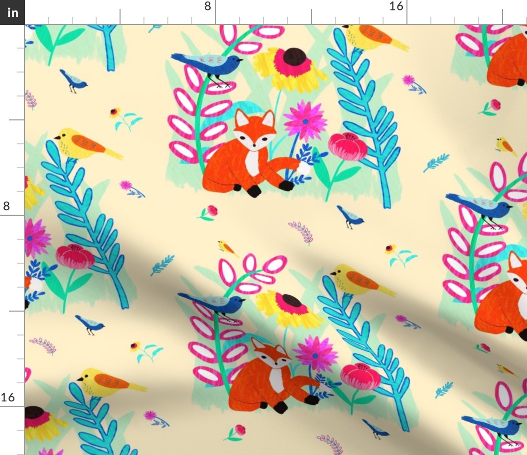 Illustrated Spring Fox, Birds and Florals