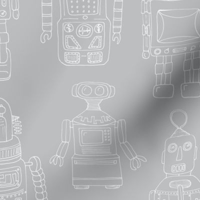 Hand Drawn Vintage Robots Grey Outline