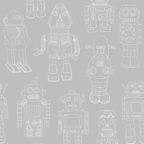 Hand Drawn Vintage Robots Grey Outline