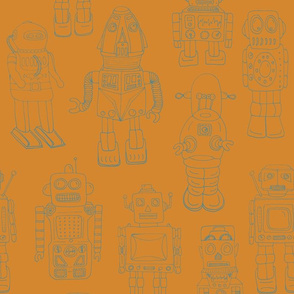 Hand Drawn Vintage Robots Teal Orange Outline - medium scale