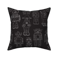 Hand Drawn Vintage Robots Black Outline - medium scale