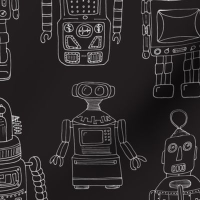 Hand Drawn Vintage Robots Black Outline - medium scale