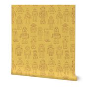 Hand Drawn Vintage Robots Yellow Rust Outline - medium scale