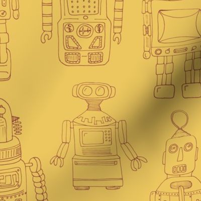 Hand Drawn Vintage Robots Yellow Rust Outline - medium scale