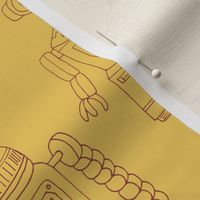 Hand Drawn Vintage Robots Yellow Rust Outline - medium scale