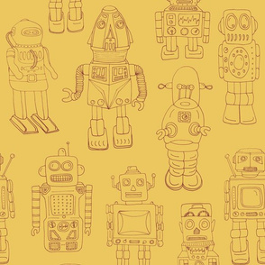 Hand Drawn Vintage Robots Yellow Rust Outline - medium scale