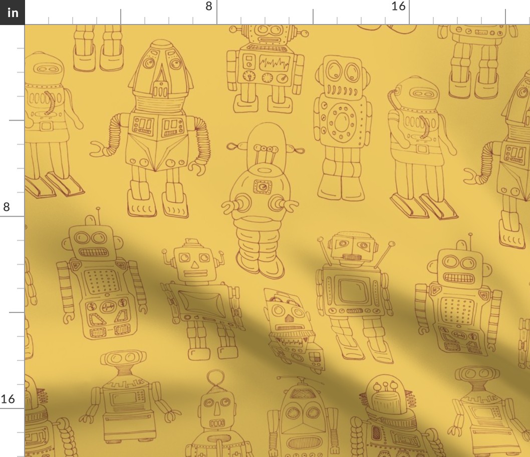 Hand Drawn Vintage Robots Yellow Rust Outline - medium scale