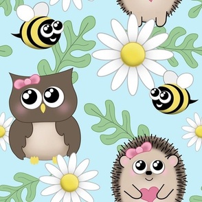 Spring Owl Hedgehog Bee Daisy Pattern - large print