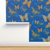 Illustrated Flora and Fauna Blue Denim Butterfly Moth Sprinkles