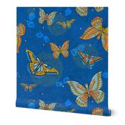 Illustrated Flora and Fauna Blue Denim Butterfly Moth Sprinkles