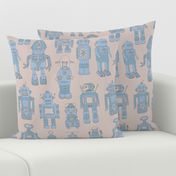 Hand drawn Vintage Robots Tan Blue - medium scale