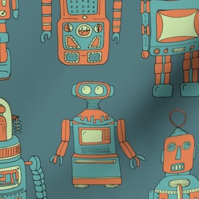 Hand drawn Vintage Robots Teal Coral - medium scale