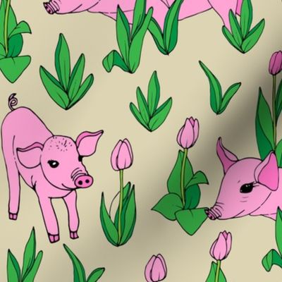 Spring Piglets and Pink Tulips on Tan - Co-ordinate