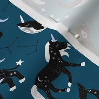 Little kawaii sleepy zodiac signs midnight moon and stars horse whale bear and lion constellation universe design navy blue