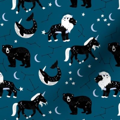 Little kawaii sleepy zodiac signs midnight moon and stars horse whale bear and lion constellation universe design navy blue