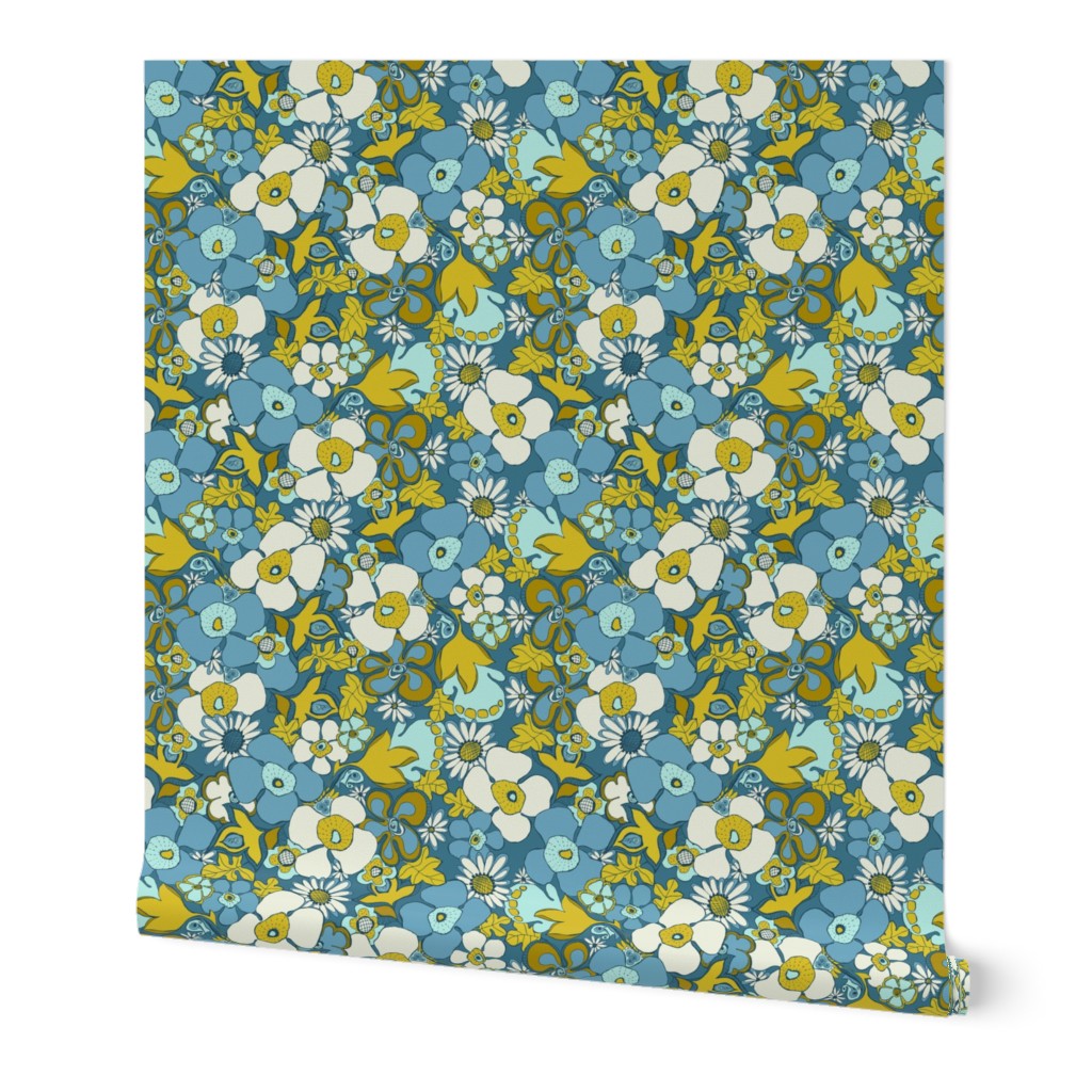 Floral Doodles in slate blue mustard 