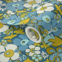 Floral Doodles in slate blue mustard 