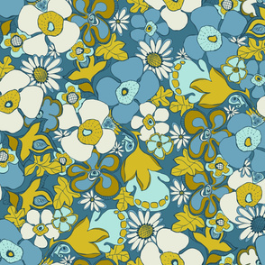 Floral Doodles in slate blue mustard 