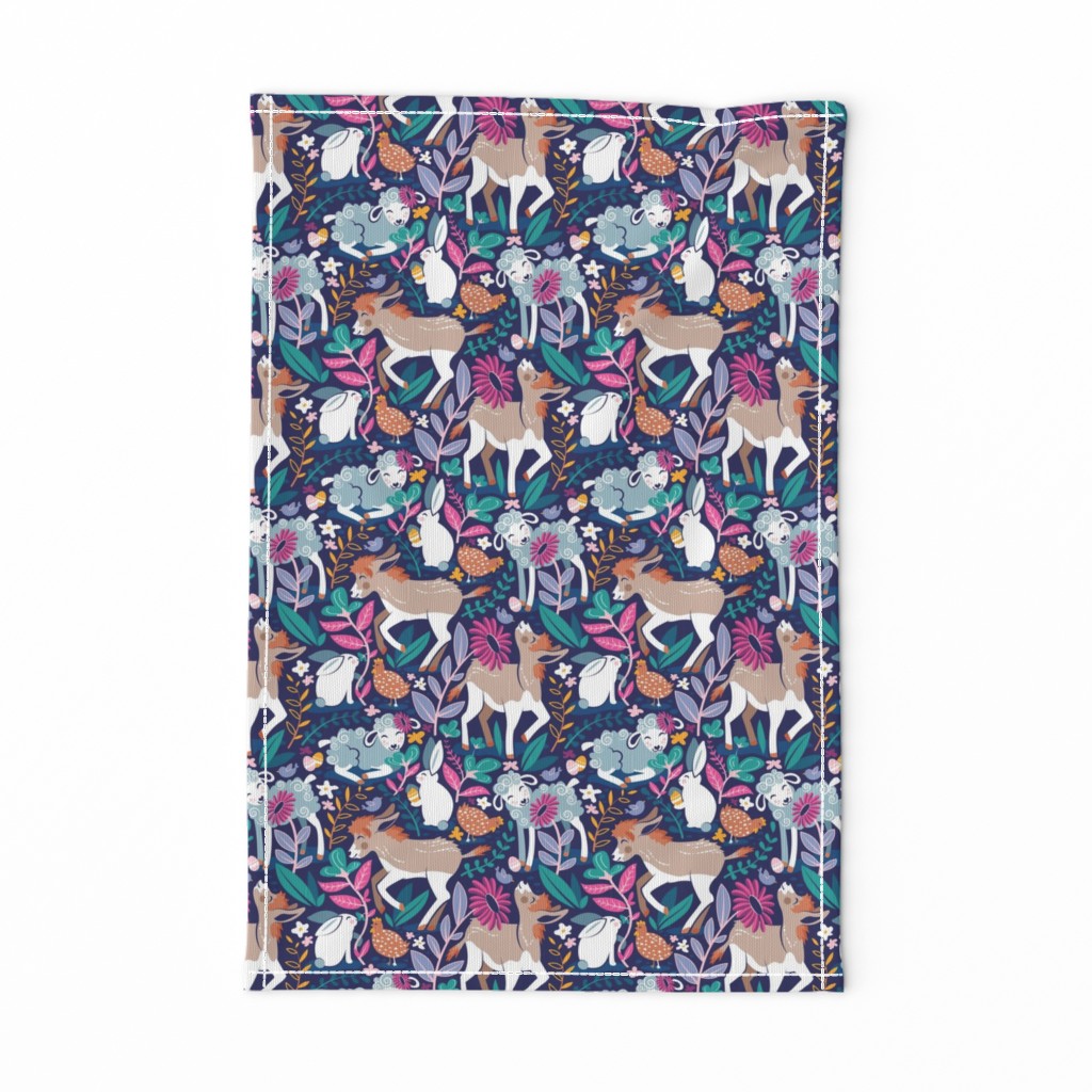 Small scale // Spring Joy // navy blue background pale blue lambs and brown taupe donkeys blue mint and pink garden