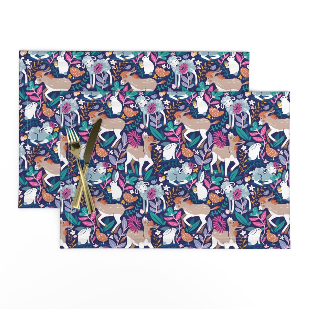 Small scale // Spring Joy // navy blue background pale blue lambs and brown taupe donkeys blue mint and pink garden