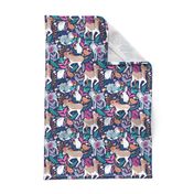 Small scale // Spring Joy // navy blue background pale blue lambs and brown taupe donkeys blue mint and pink garden