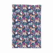 Small scale // Spring Joy // navy blue background pale blue lambs and brown taupe donkeys blue mint and pink garden