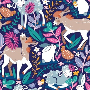 Normal scale // Spring Joy // navy blue background pale blue lambs and brown taupe donkeys blue mint and pink garden