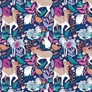 Tiny scale // Spring Joy // navy blue background pale blue lambs and brown taupe donkeys blue mint and pink garden