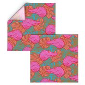 Hot Pink Alligators and Tropical Leaves on Blue - Large