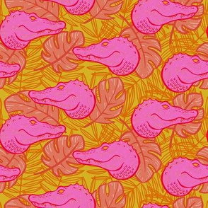 Hot Pink Alligators and Tropical Leaves on Yellow - Small
