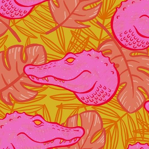 Hot Pink Alligators with Tropical Leaves on Yellow