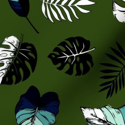 tropical leaves on dark green