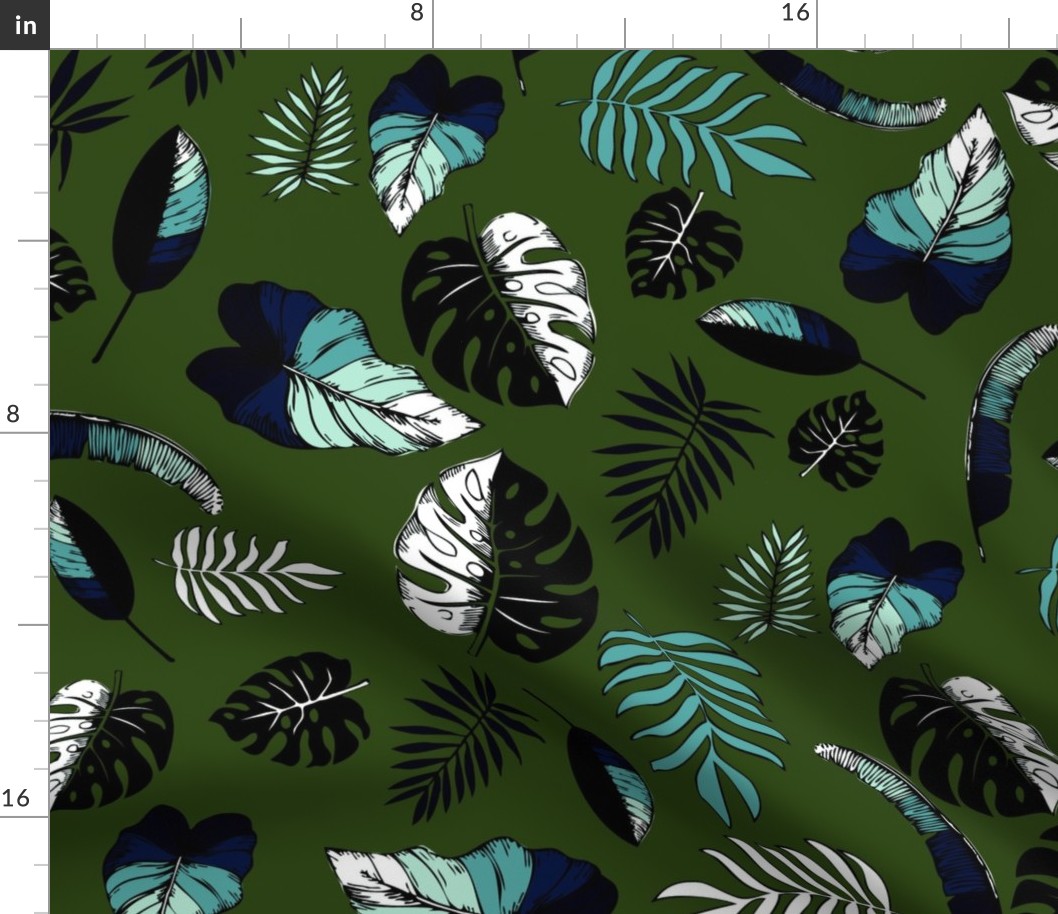 tropical leaves on dark green