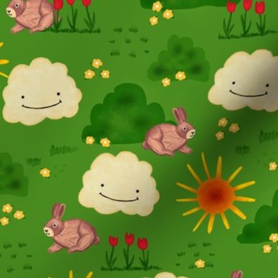 Brown bunnies in a flower field